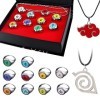KEMIN 12 Pièces Anneaux Naruto Anime,Collier Pendentif Konoha + Collier Nuage Rouge Akatsuki Unisexe Hommes et Femmes Anime A