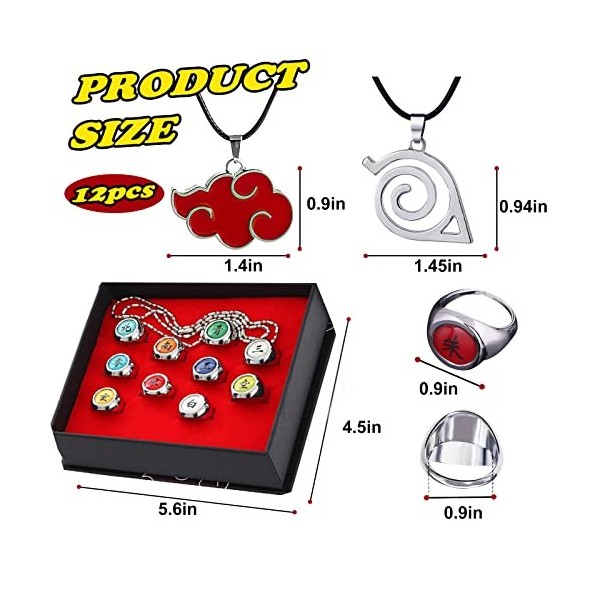 KEMIN 12 Pièces Anneaux Naruto Anime,Collier Pendentif Konoha + Collier Nuage Rouge Akatsuki Unisexe Hommes et Femmes Anime A