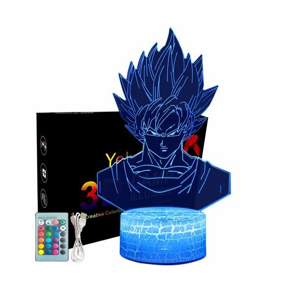 Yelyung Goku Veilleuse 3D pour Enfants,Lampe Enfants Anime,Veilleuse Goku Anime,Télécommande 16 Couleurs Changeantes 3D Illus