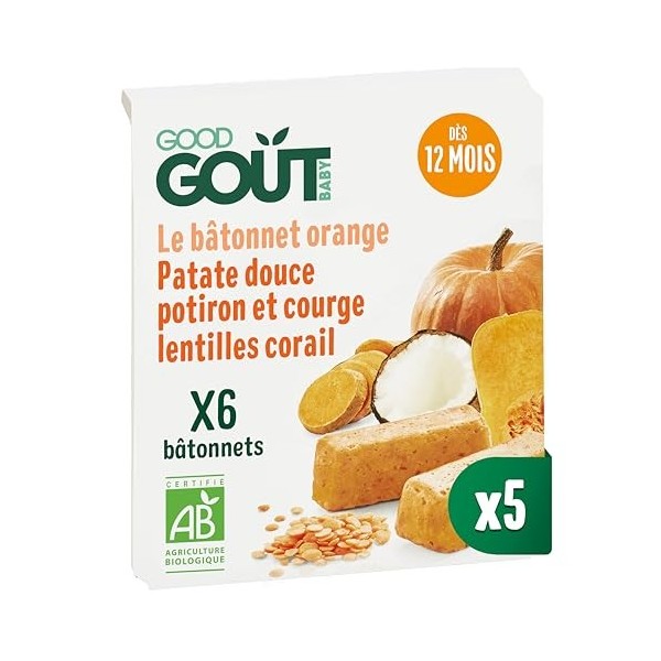 GOOD GOÛT - 6 Bâtonnets Orange - Patate Douce, Lentilles Corail, Potiron, Courge - Dès 12 mois - Texture Moulinée - Fabriqués