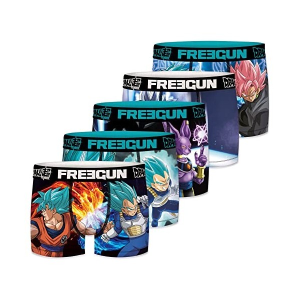 FREEGUN Boxer Homme Sangoku, Vegeta, Beerus, Calecon Homme, Dragon Ball Super, Agréable et Doux Lot de 5 , Multicolore, Tail