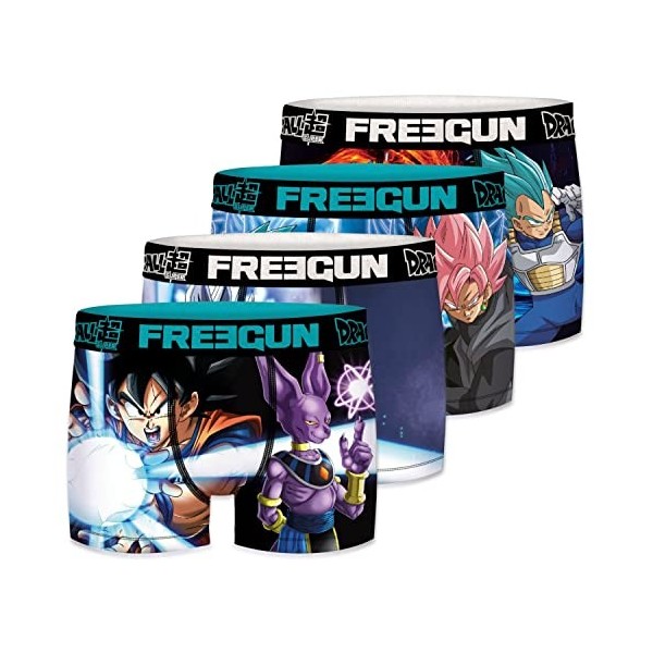 FREEGUN Boxer Homme Vegeta, Sangoku, Beerus, Calecon Homme, Dragon Ball Super, Léger et Doux Lot de 4 , Multicolore, Taille 