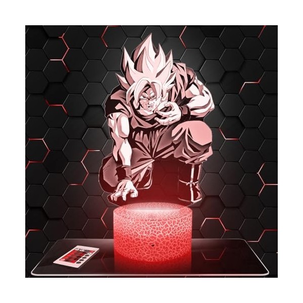 Lampe de chevet, Veilleuse Tactile Manga - Son Goku Combat Lampe 3D LED illusion, Idée cadeau Noël anniversaire garçon et fil