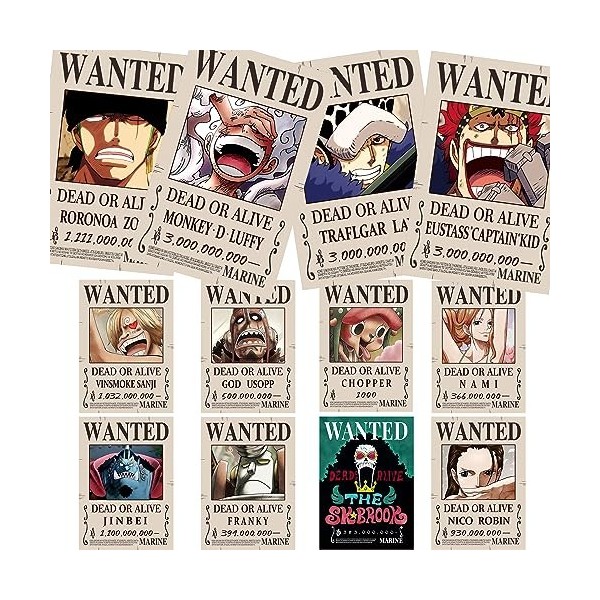 FISH DRAGATE Lot de 12 posters Anime One Piece 7,8 x 11,2 pouces New Bounty Wanted Edition Chapeau de paille Pirates Nika Fif