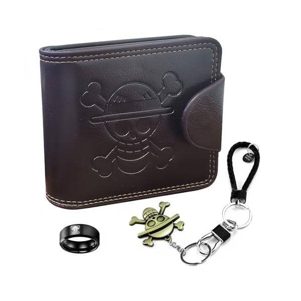Tyzourib Porte Monnaie en Cuir Portefeuille Anime One Piece avec Porte Clé Luffy et Anneau de Crâne Straw Hat Luffy Cosplay P