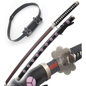 One Piece Katana en Bois Lame en Bois Zoro Shusui Replique Epee Sabre + Ceinturon Noir Porte Epee Ceinture