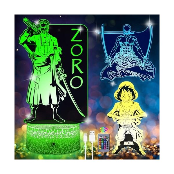 Lampe One Piece, 3-en-1 Zoro Luffy Veilleuse 3D illusion - One Piece Manga Veilleuse Smart Remote Control Anime Lampe 16 Coul