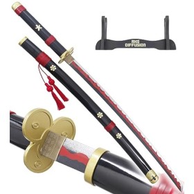 One Piece Katana Tout en Bois Lame en Bois Katana Enma Black Sabre en Bois Epee Zoro Epee Meito + Support en Bois