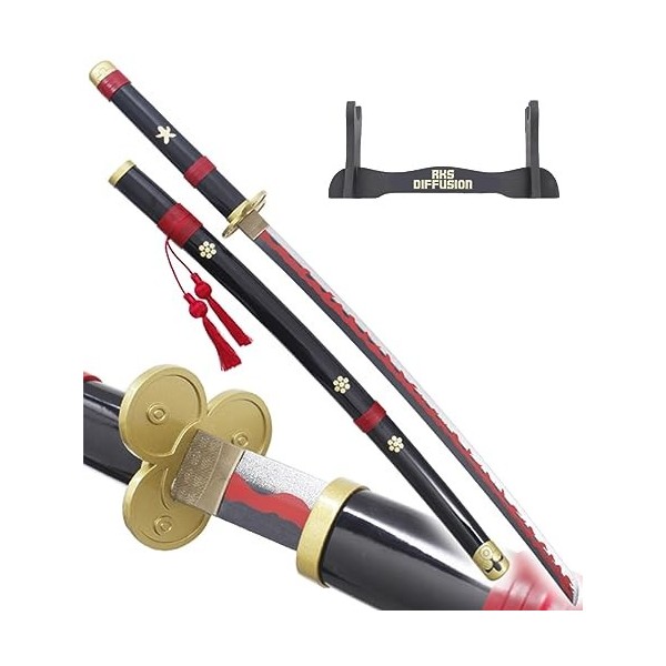 One Piece Katana Tout en Bois Lame en Bois Katana Enma Black Sabre en Bois Epee Zoro Epee Meito + Support en Bois