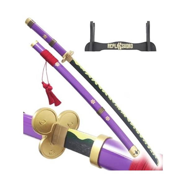 REPLIKSWORD One Piece Katana Tout en Bois Lame en Bois Katana Enma Sabre en Bois Epee Zoro Epee Meito + Support en Bois