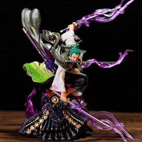 WANSHI Anime One Piece Zoro Figure, 20CM Roronoa Zoro Statue Squat Roof Three Knife Flow avec Effets spéciaux PVC Action Figu