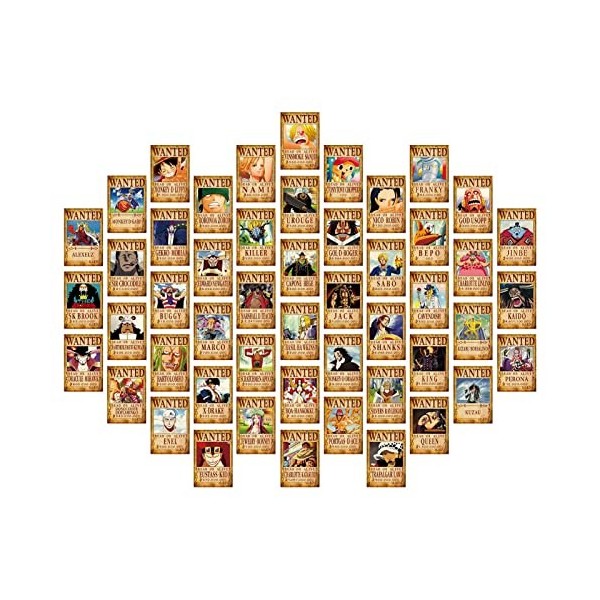 Anime One Piece Kit de 50 affiches avis de recherche 10&nbsp;x&nbsp;15&nbsp;cm Pirates Chapeau de paille Zoro Sanji Luffy Gris/Blanc Décorat