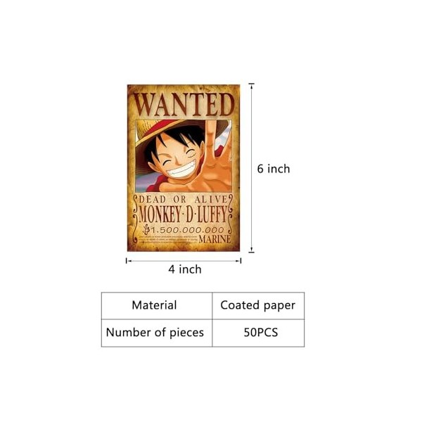 Anime One Piece Kit de 50 affiches avis de recherche 10&nbsp;x&nbsp;15&nbsp;cm Pirates Chapeau de paille Zoro Sanji Luffy Gris/Blanc Décorat